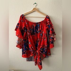 Summer Floral Drape Sleeve Off the Shoulder Tie Blouse - 2X